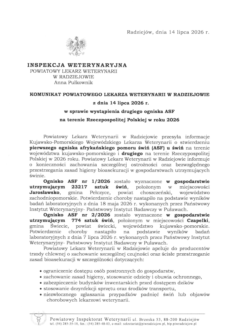 KOMUNIKAT POWIATOWEGO LEKARZA WETERYNARII W RADZIEjOWIE z&nbsp;dnia 14 lipca 2026 r. w&nbsp;sprawie wystąpienia drugiego ogniska ASF na&nbsp;terenie Rzeczpospolitej Polskiej w&nbsp;roku 2026