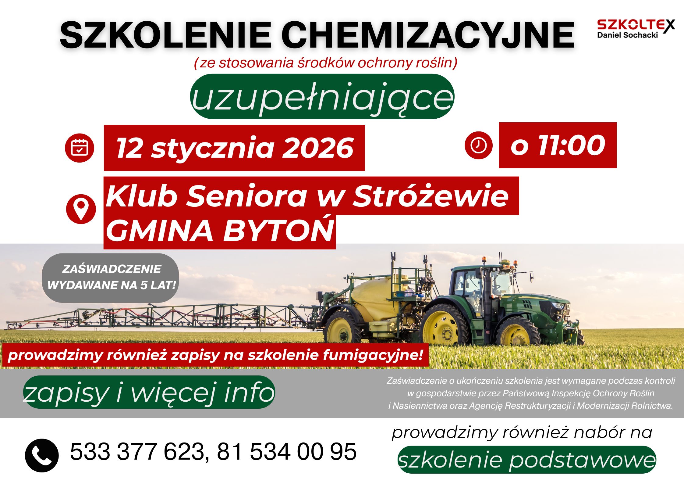szkolenie z&nbsp;zakresu stosowania środk&oacute;w ochrony roślin (szkolenie chemizacyjne uzupełniające) dla mieszkańc&oacute;w gminy Bytoń. 