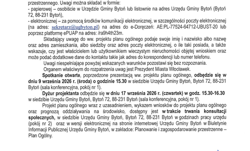 Zdjęcie do Informacja W&oacute;jta Gminy Bytoń w sprawie konsultacji społecznych dotyczących projektu planu og&oacute;lnego gminy Bytoń